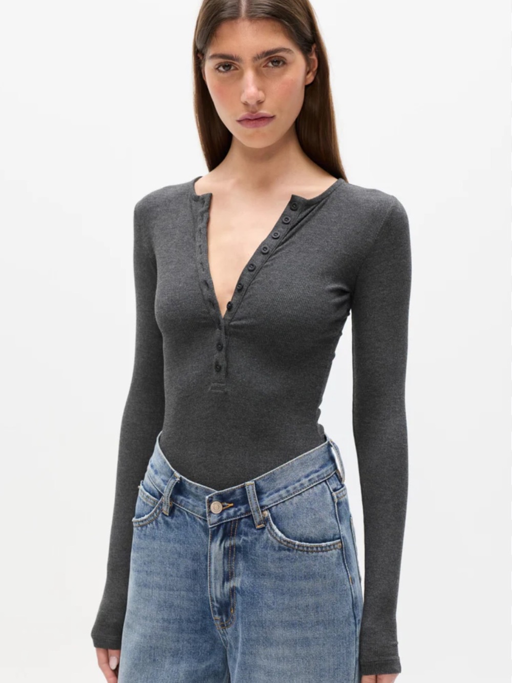 Bayse Lara Bodysuit NWT Ribbed Long-Sleeve Henley Bodysuit - Heather gray Small